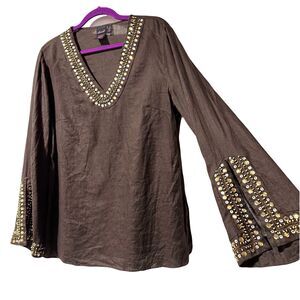 Willi Smith Women’s 100% Linen Tunic Top Brown Gold Beaded  V-Neck Top Size 14